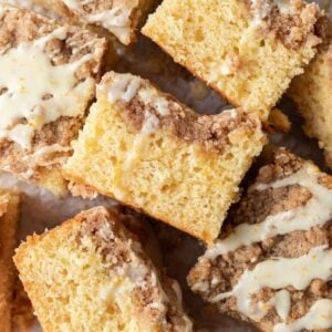 side of coffee cake so you can see the orange cake and orange streusel layer.