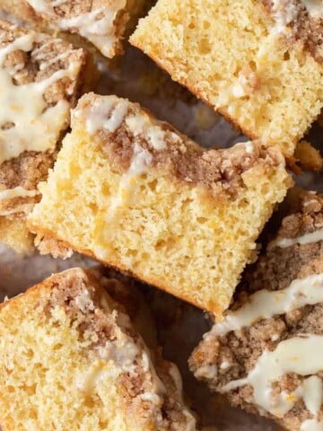 side of coffee cake so you can see the orange cake and orange streusel layer.