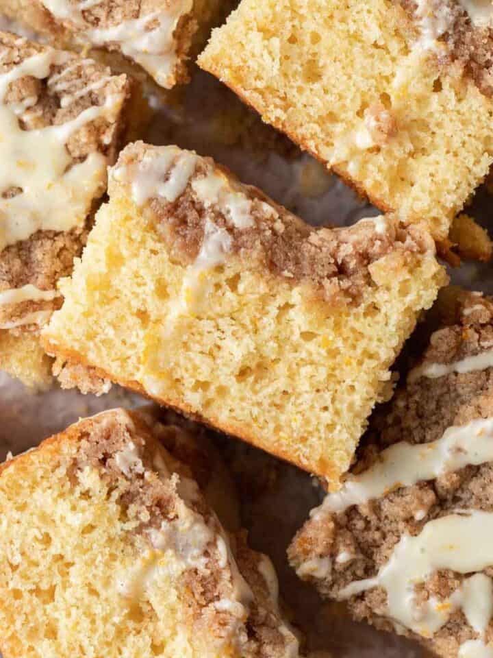 side of coffee cake so you can see the orange cake and orange streusel layer.