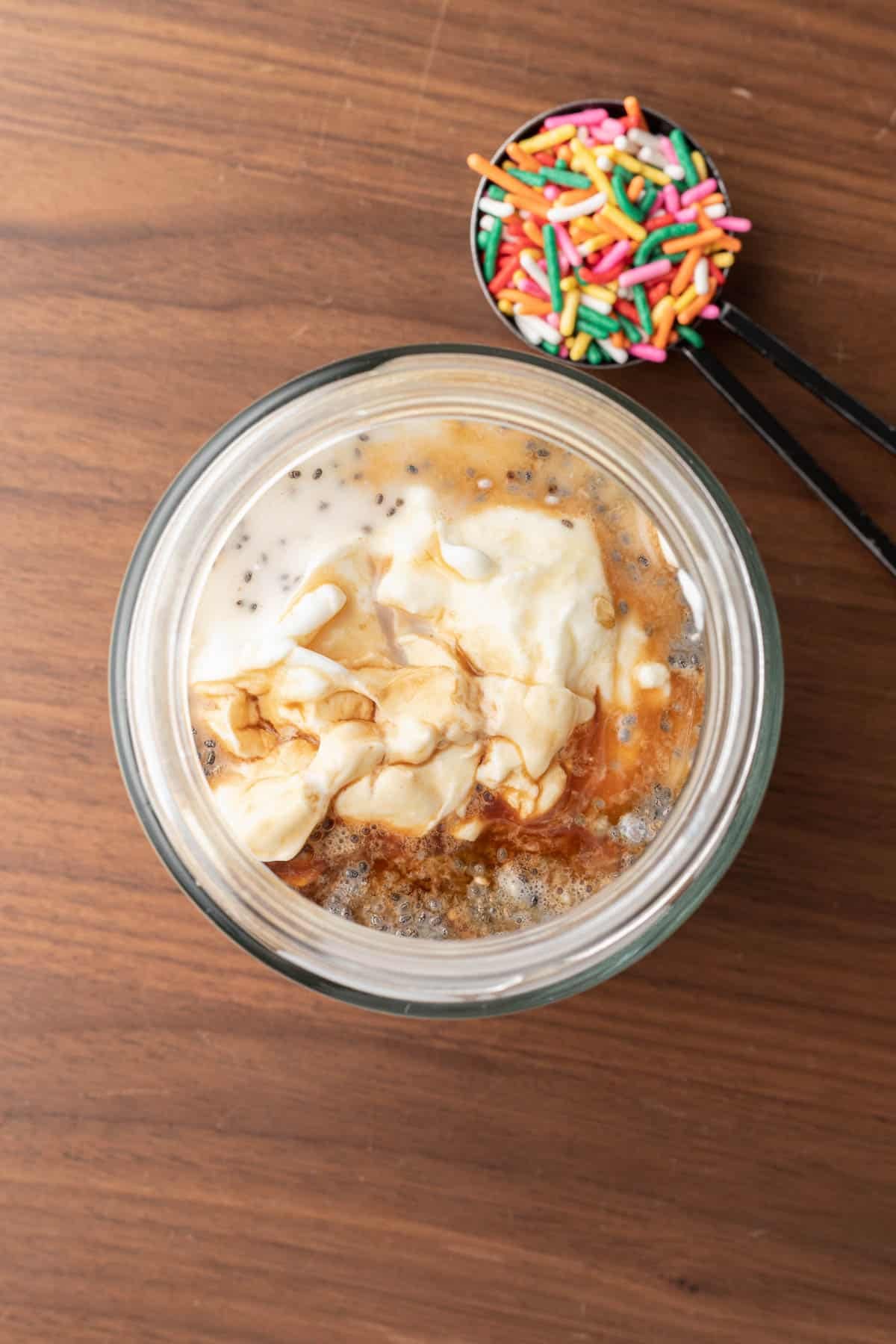 wet ingredients added to the oats.