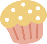 Simple illustration of a cupcake with a pink base and yellow frosting topped with white dots.